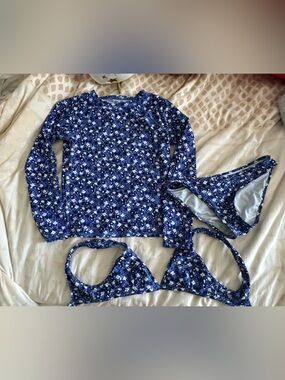 aerie Blue Floral Bikini Set with Rash Guard